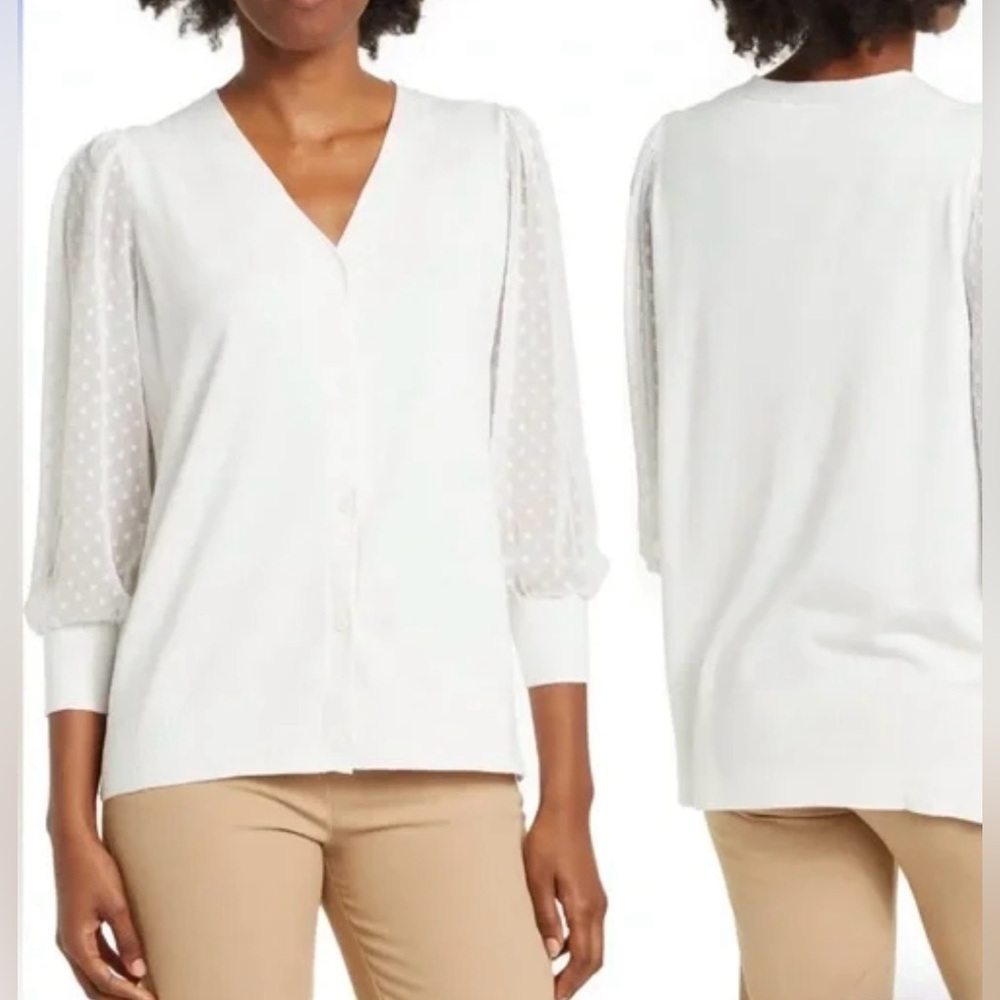 NWT Adrianna Papell White Clip Dot V-NeckCardigan,Medium,Feminine Girly Romantic - Picture 1 of 15